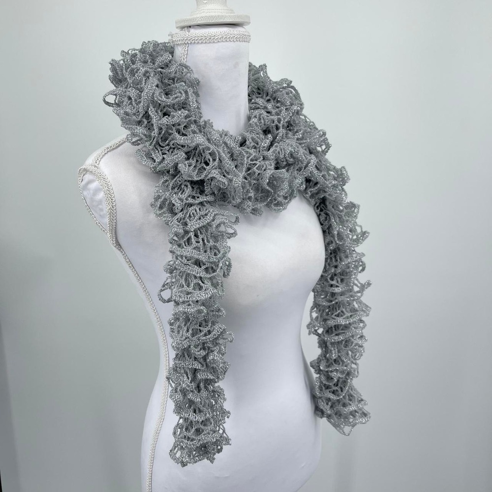 Y2K Fairy Handmade Crotchet Knit Scarf Whimsy Silver Maximalist Ruffle Eclectic